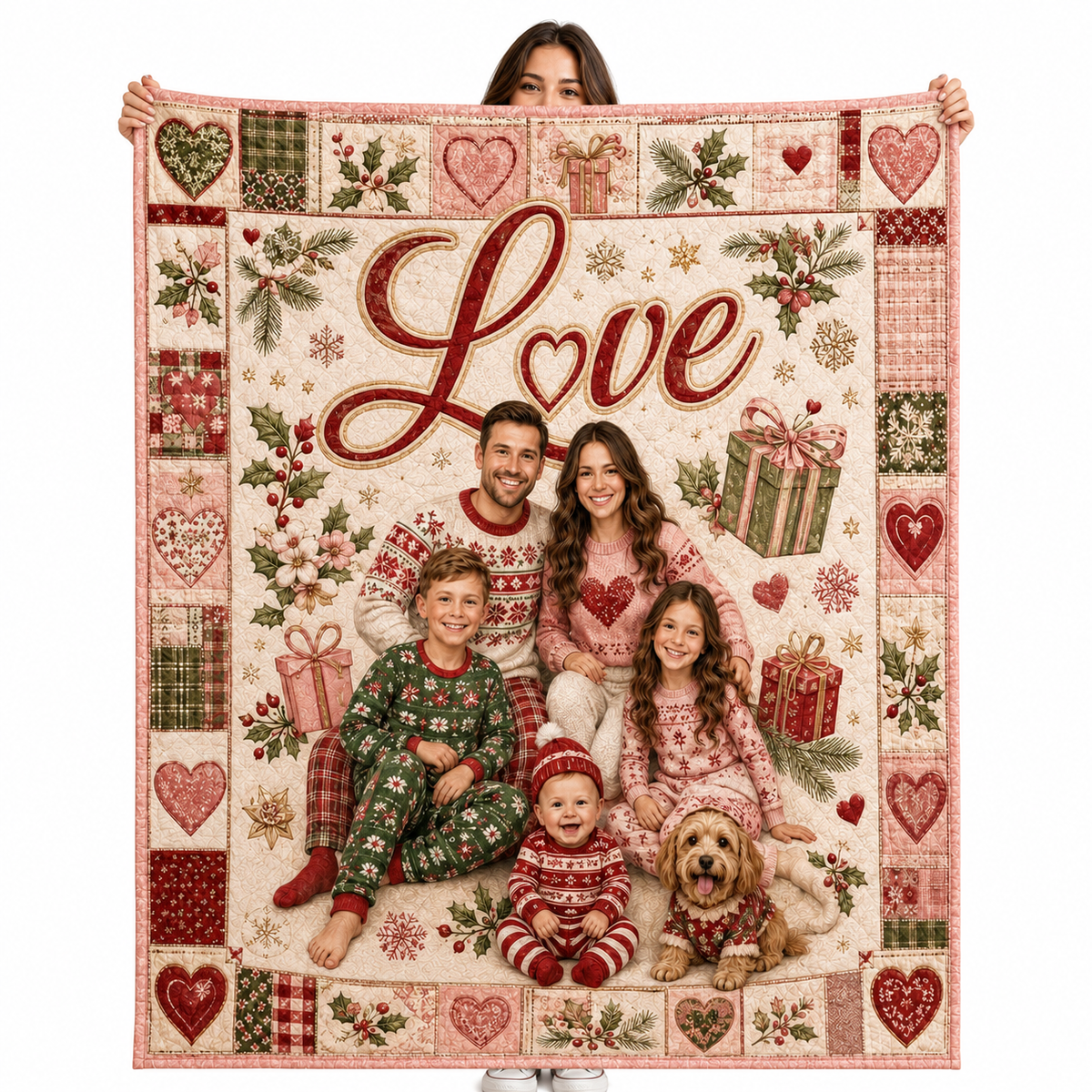 love christmas family photo blanket with heart and holly border