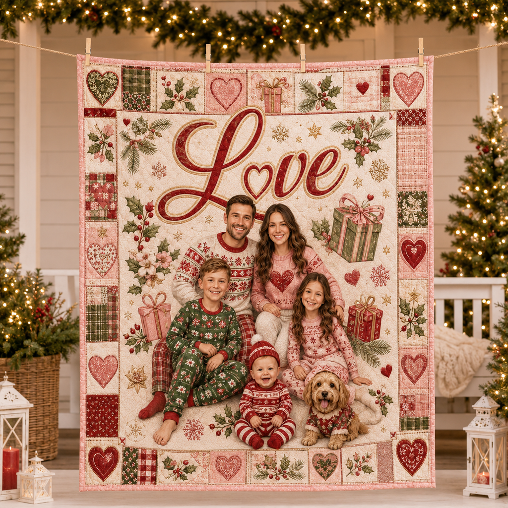 red and green custom family blanket on a porch at christmas