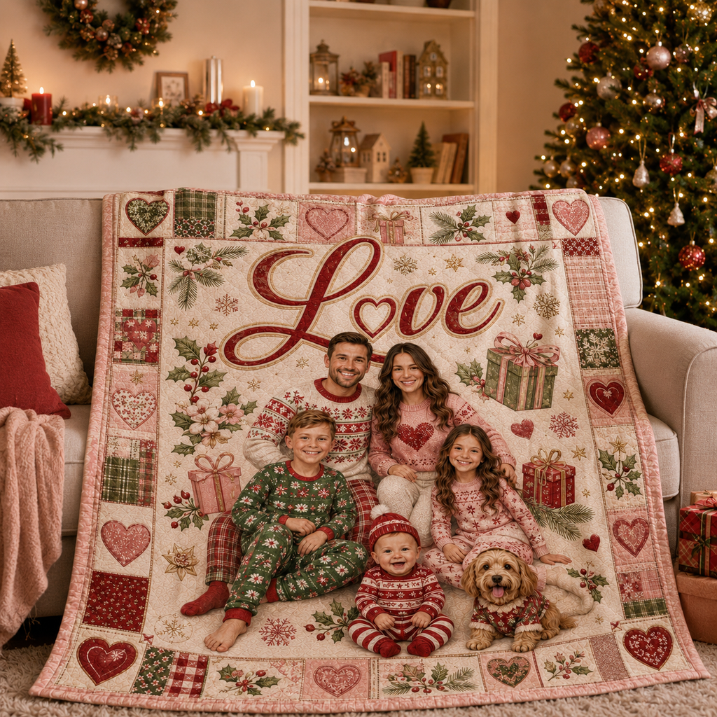 pink christmas family portrait throw draped on a sofa