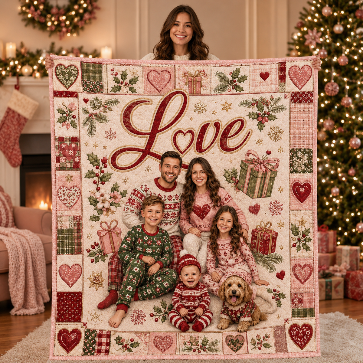 woman holding personalized love family blanket beside tree