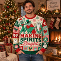 man wearing a funny ugly christmas sweater with ghost characters and making