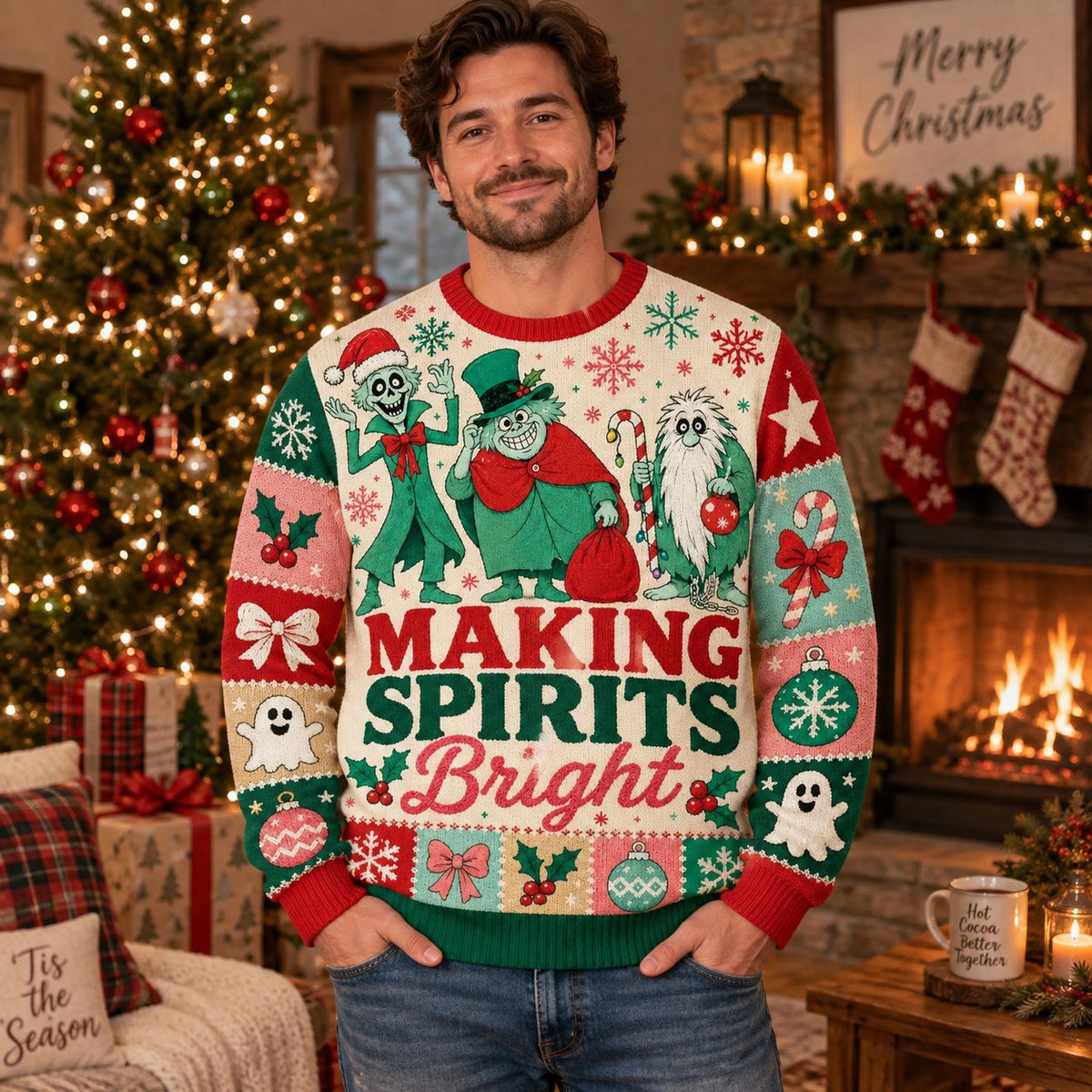 man wearing a funny ugly christmas sweater with ghost characters and making