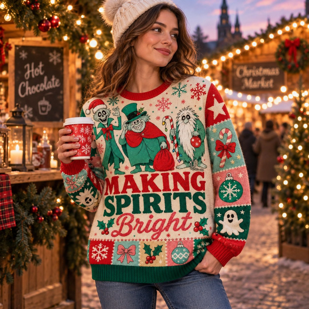 woman in a pom beanie holding a hot chocolate cup wearing a