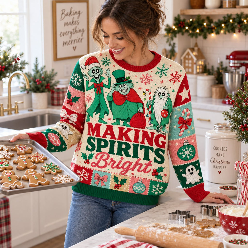 woman in a bright kitchen holding a baking tray of gingerbread cookies