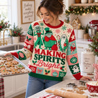 woman in a bright kitchen holding a baking tray of gingerbread cookies