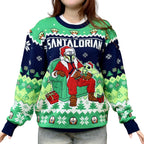 model wearing green and navy mandalorian ugly christmas sweater with grogu in