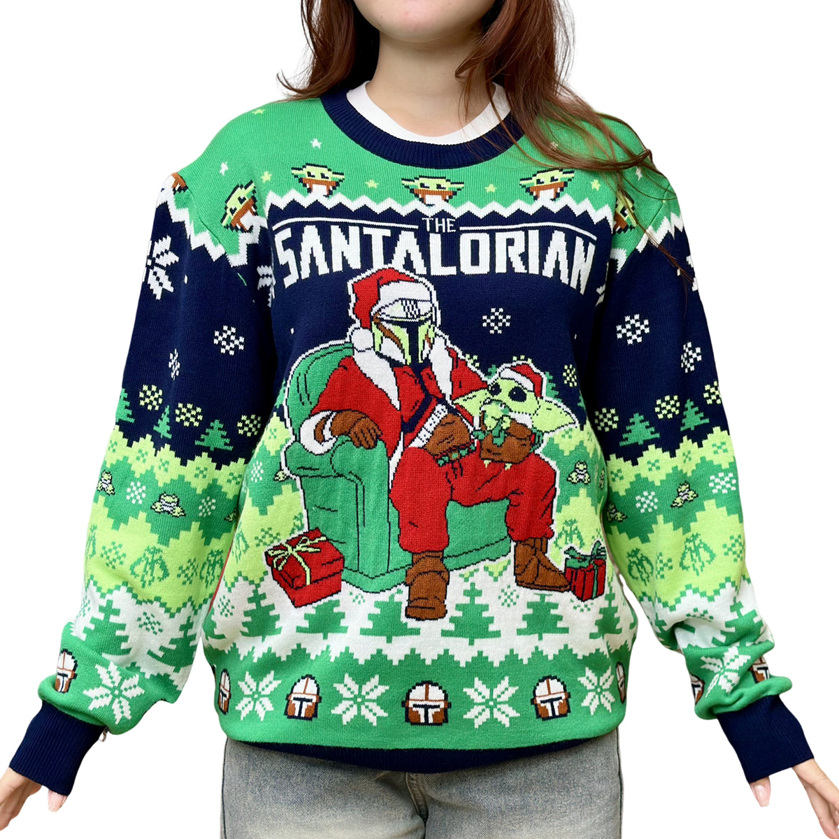 model wearing green and navy mandalorian ugly christmas sweater with grogu in