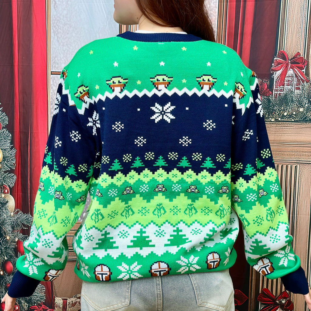 side view of mandalorian and grogu ugly christmas sweater paired with blue