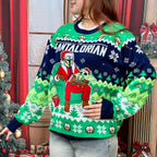 close up of front jacquard knit pattern on mandalorian christmas sweater showing
