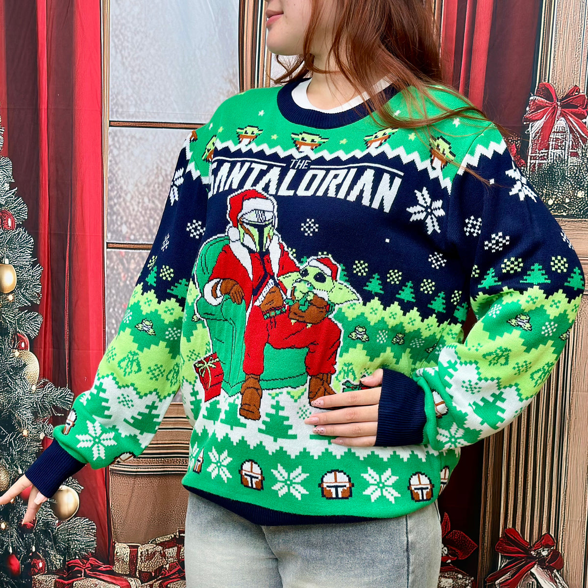 close up of front jacquard knit pattern on mandalorian christmas sweater showing