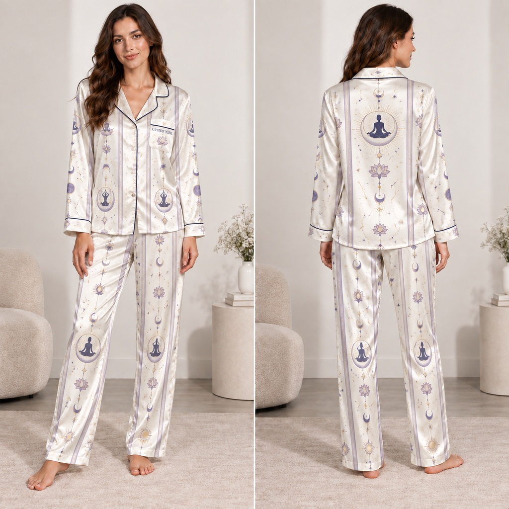 woman modeling cream satin pajama set with all-over meditation, lotus, moon