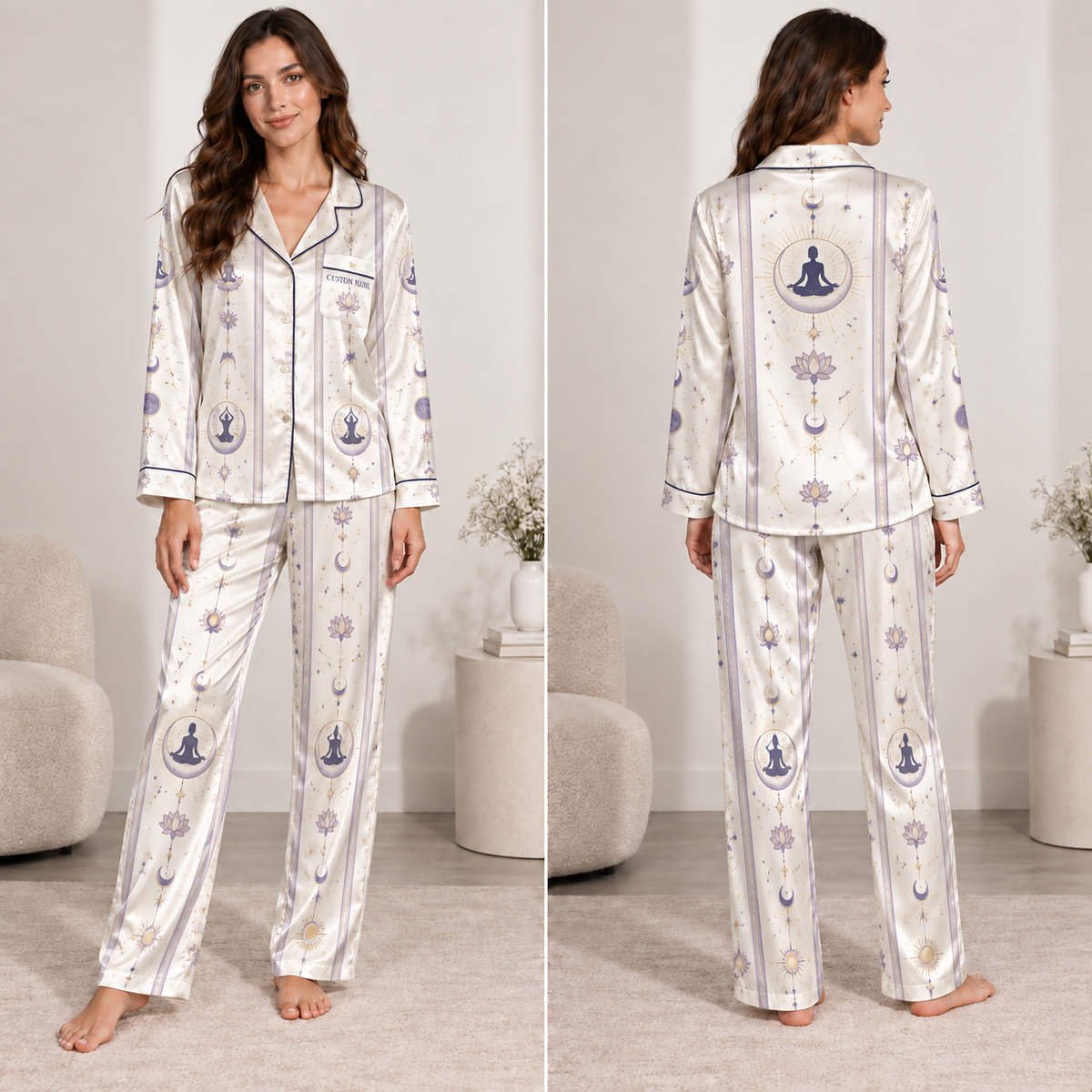woman modeling cream satin pajama set with all-over meditation, lotus, moon