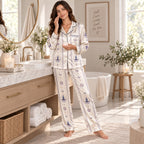 woman reading book on cream knit throw wearing the personalized satin pajama