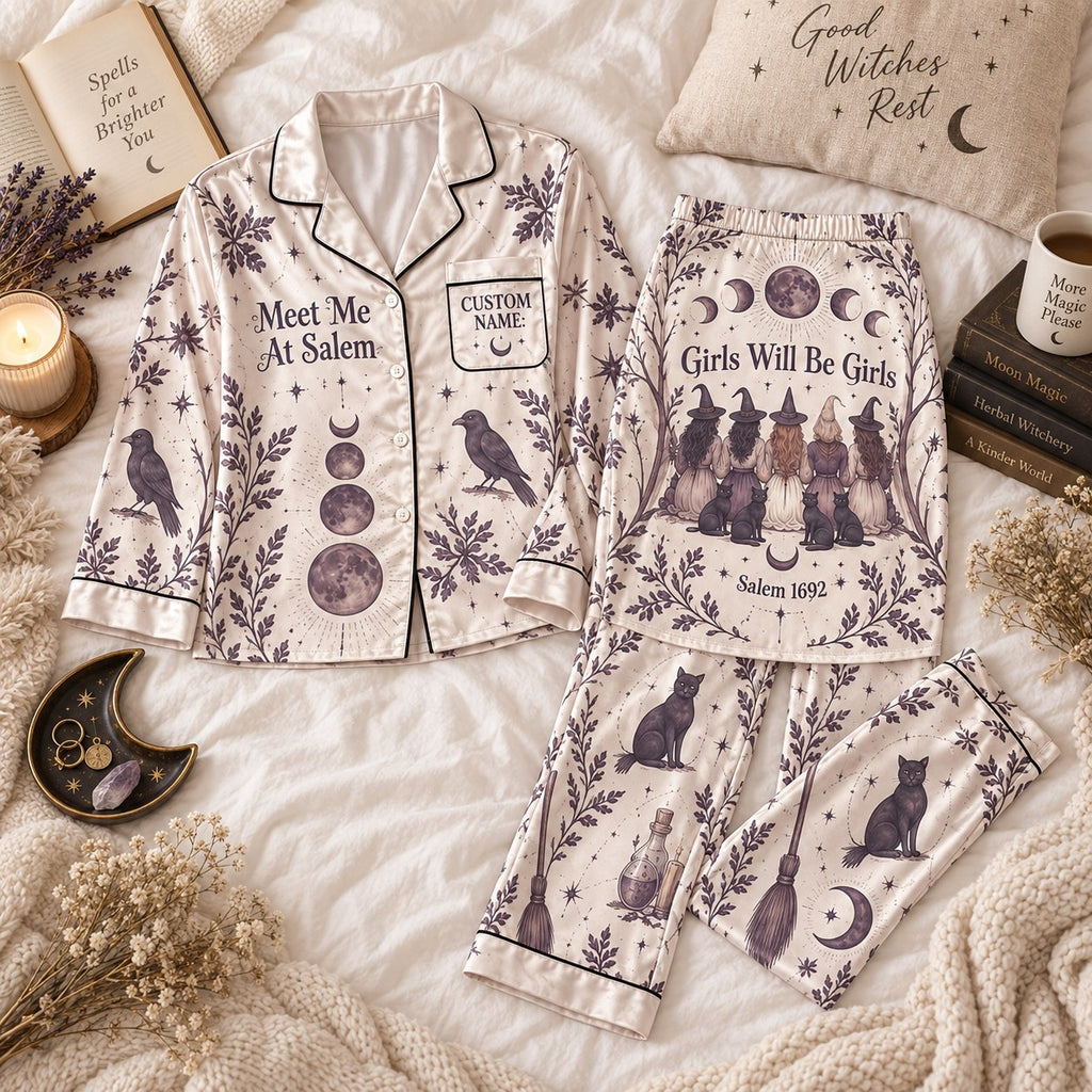 cream moon phase satin pajamas flat lay with a custom name on the chest