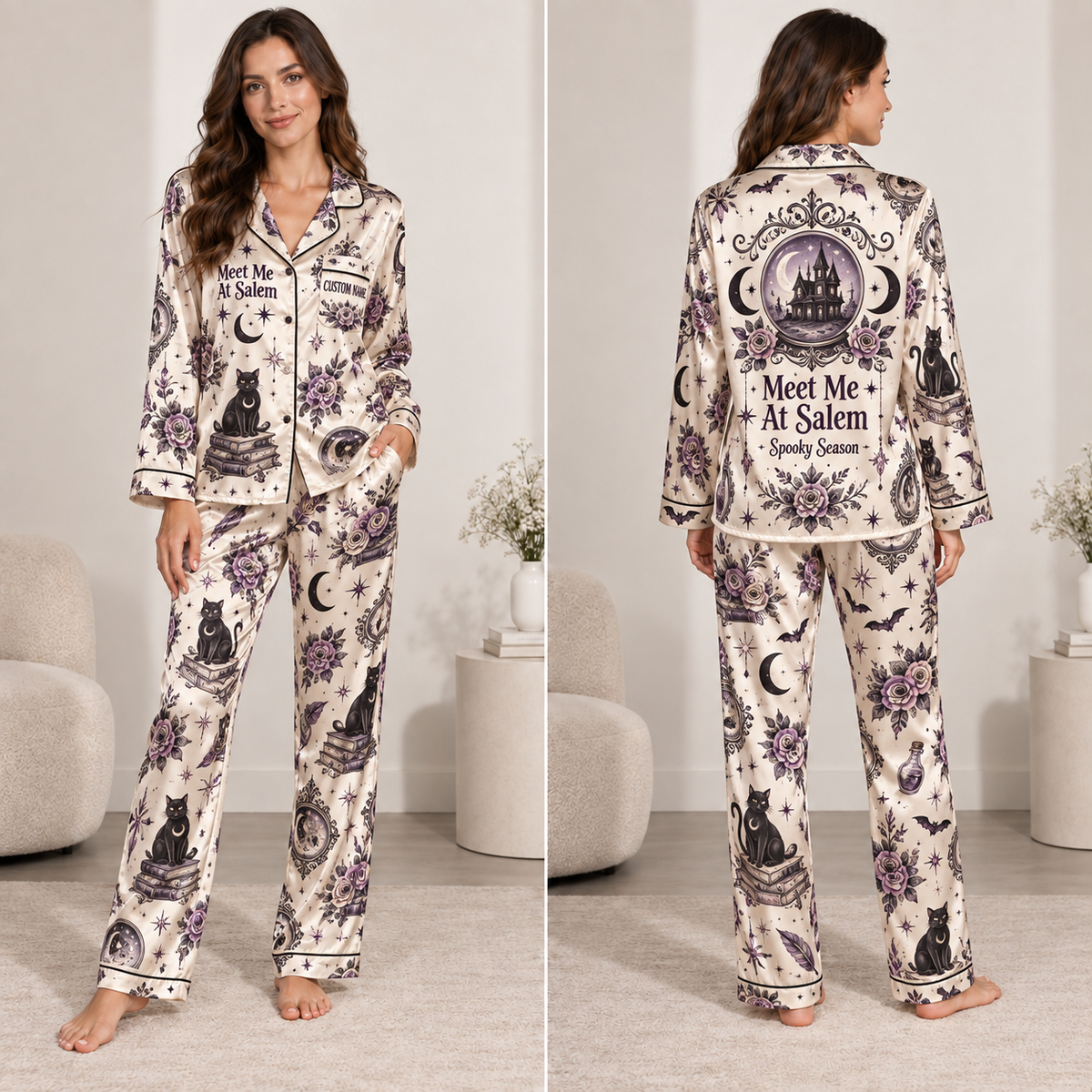 satin pajama set printed with meet me at salem spooky season text