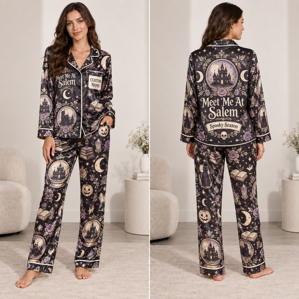 woman modeling meet me at salem satin pajama set front view