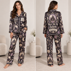woman modeling meet me at salem satin pajama set front view