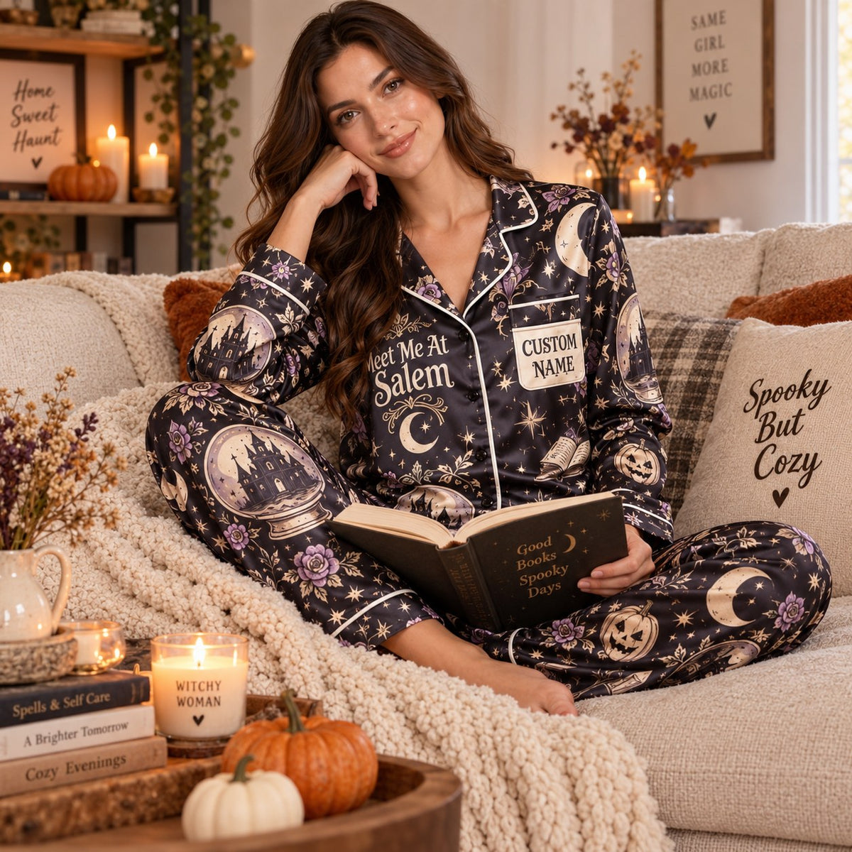 haunted castle crescent moon print on halloween satin pajamas by window