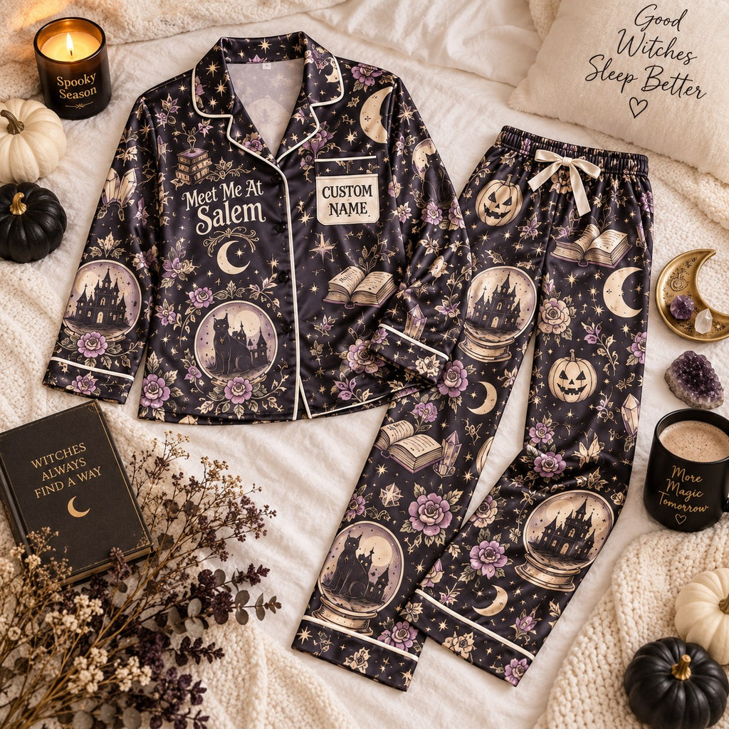 black castle print satin pajamas flat lay with a custom name on the chest