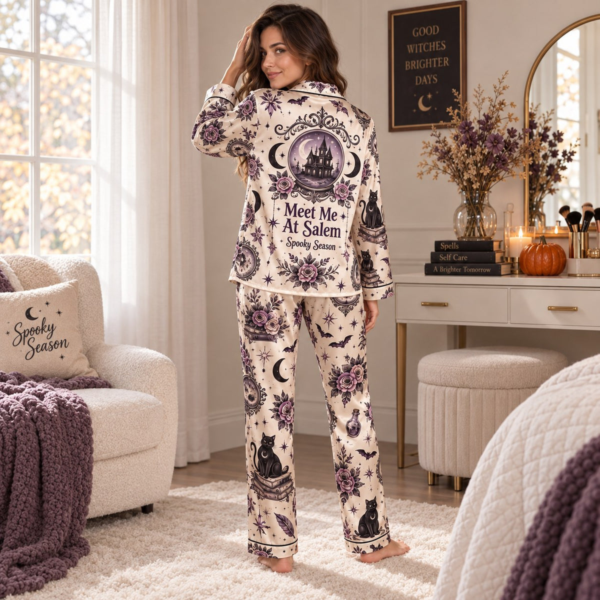 woman wearing custom name halloween satin pajama set