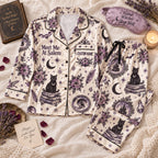 lavender rose print satin pajamas flat lay with a custom name on the chest