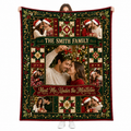 custom photo blanket held up against a white background, couple under mistletoe