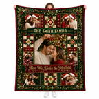 custom photo blanket held up against a white background, couple under mistletoe