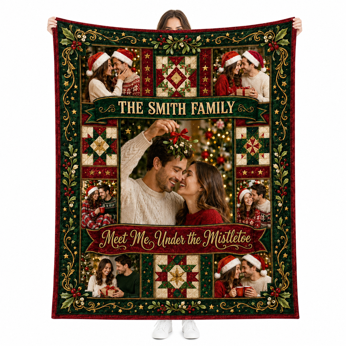 custom photo blanket held up against a white background, couple under mistletoe