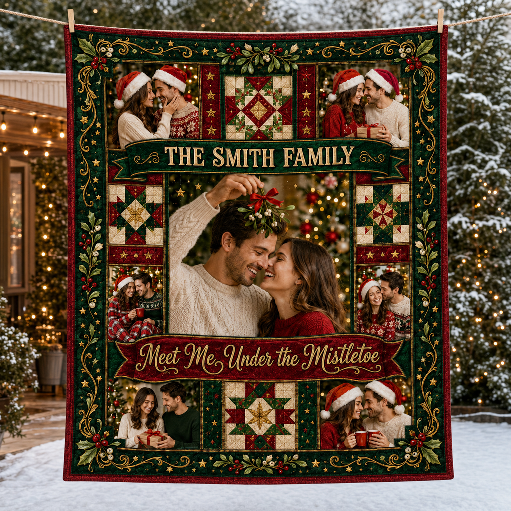 personalized fleece blanket hanging outdoors in a snowy christmas setting