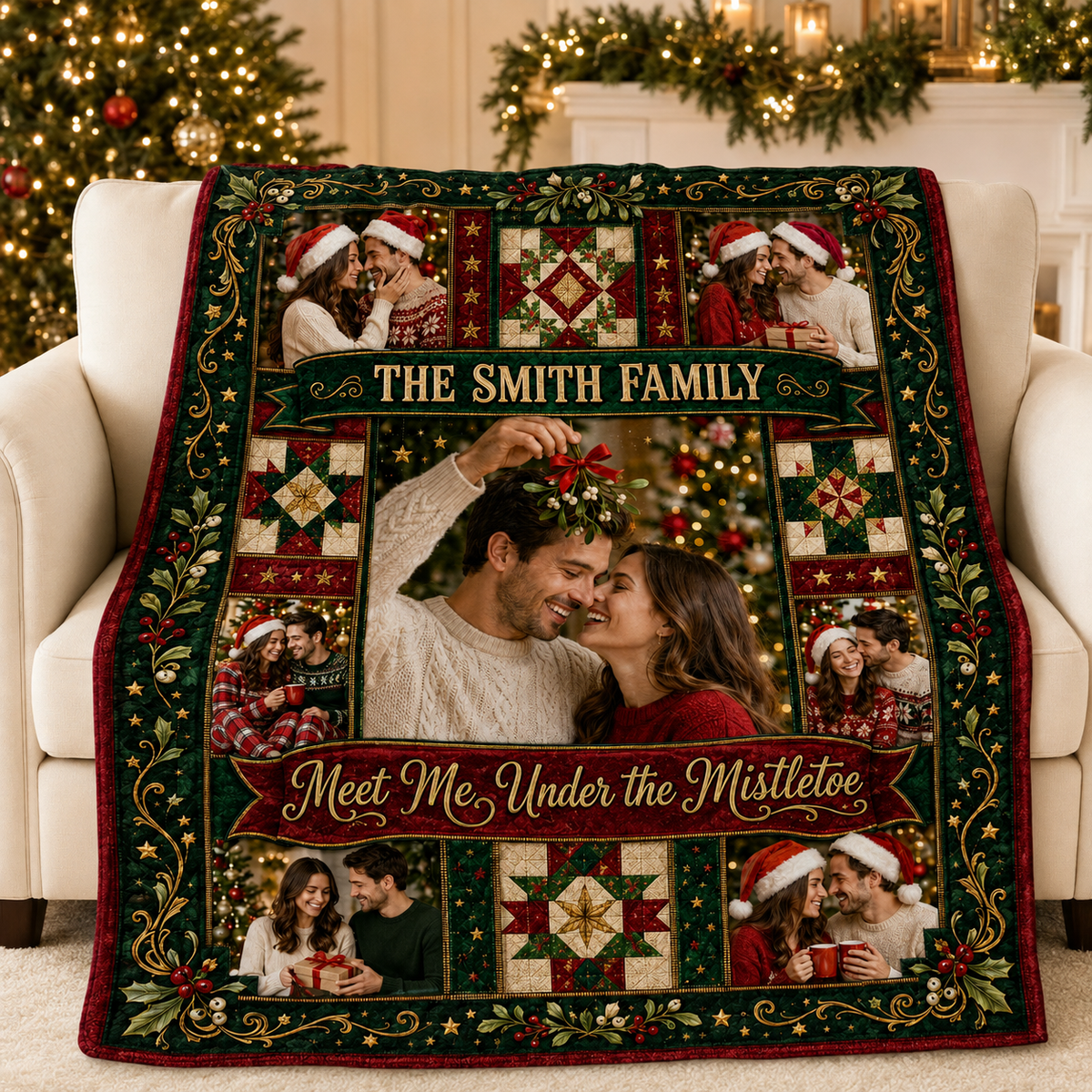 holiday photo throw blanket draped over a white armchair by a lit