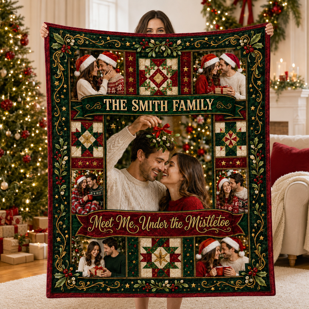 couple photo blanket displayed indoors showing the full mistletoe collage layout