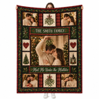 woman holding a custom christmas photo blanket with couple under mistletoe design