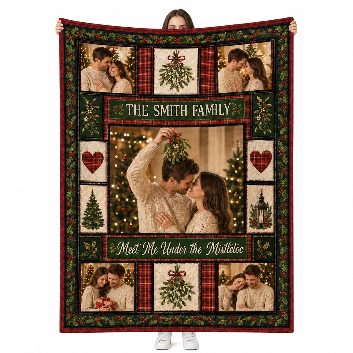 woman holding a custom christmas photo blanket with couple under mistletoe design