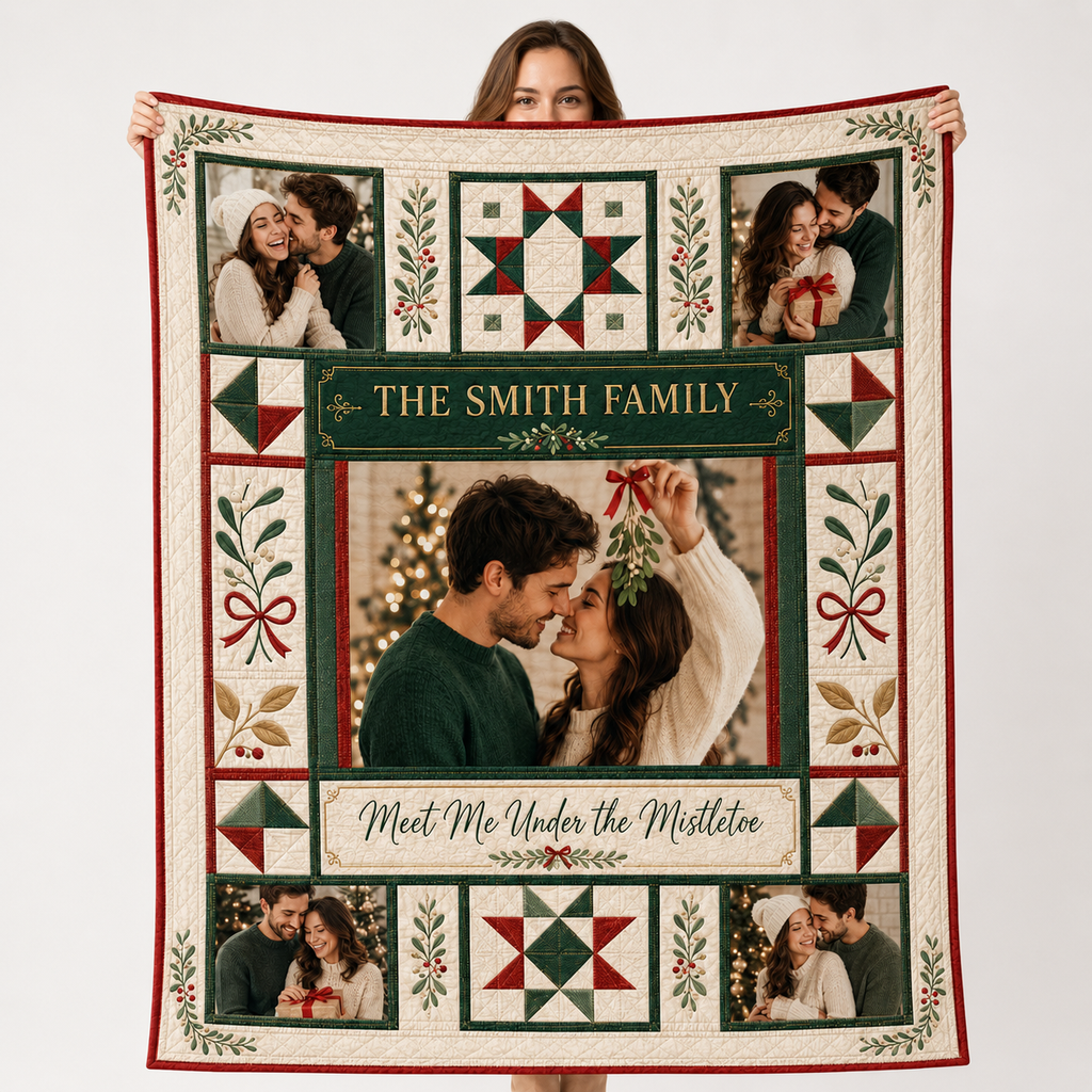 couple photo blanket with meet me under the mistletoe design