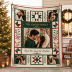 green and red christmas photo quilt blanket hanging on a wall