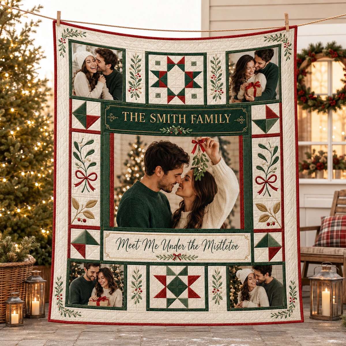 green and red christmas photo quilt blanket hanging on a wall