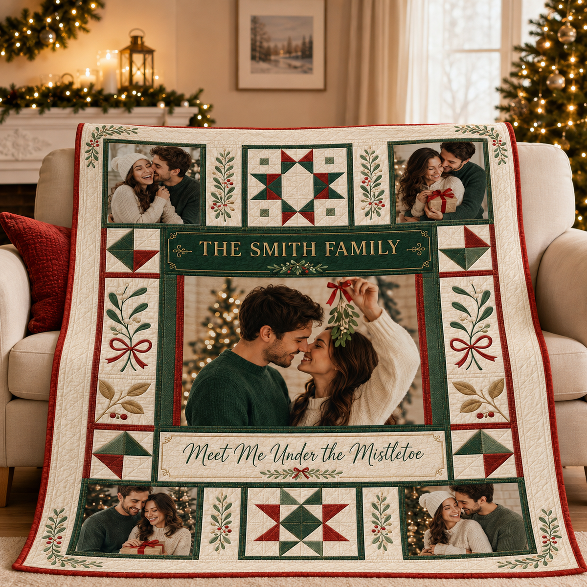 cozy photo blanket draped on an armchair by the tree