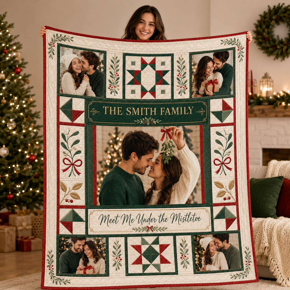 person holding up a custom christmas couple photo blanket