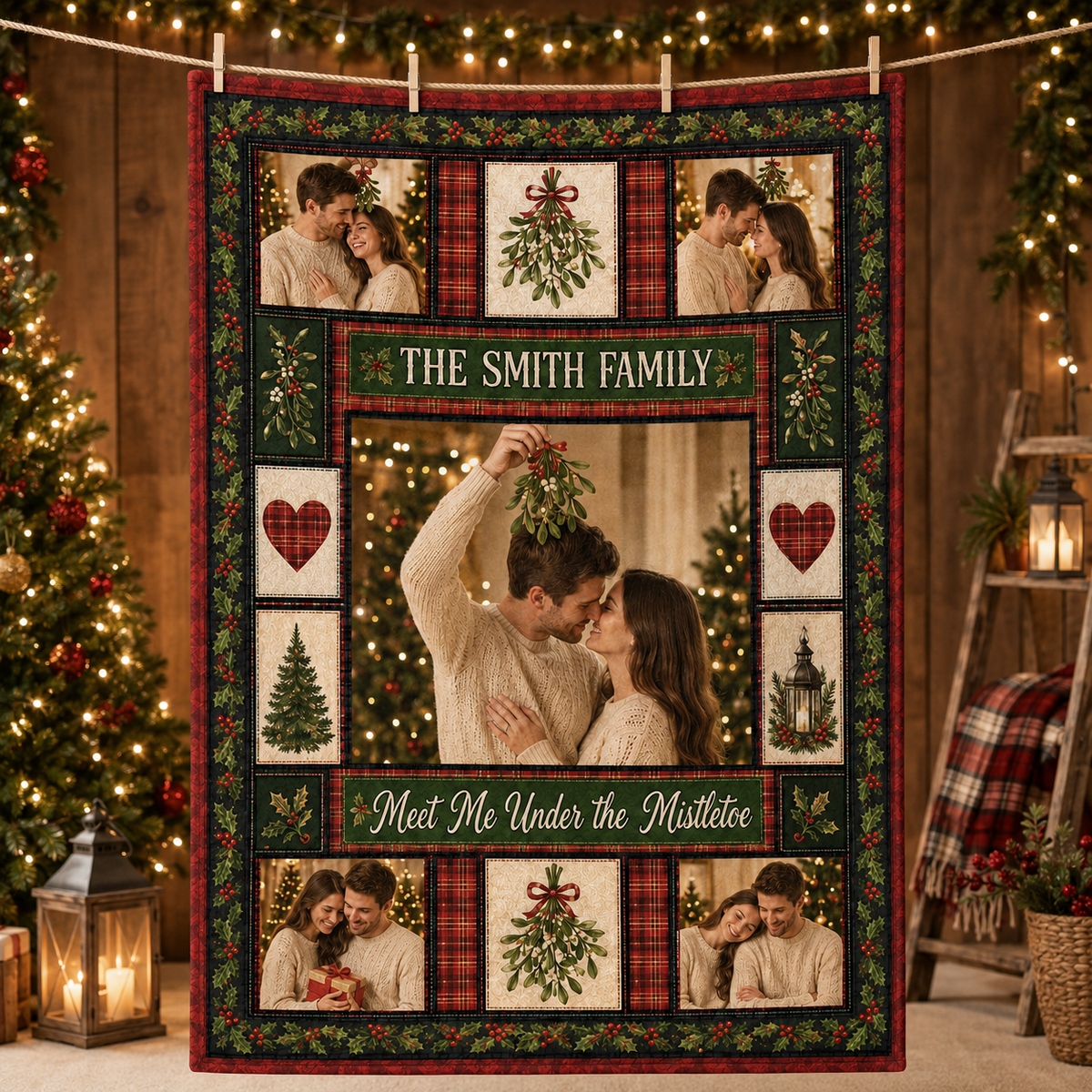 plaid christmas photo blanket hanging on a wall in a festive living
