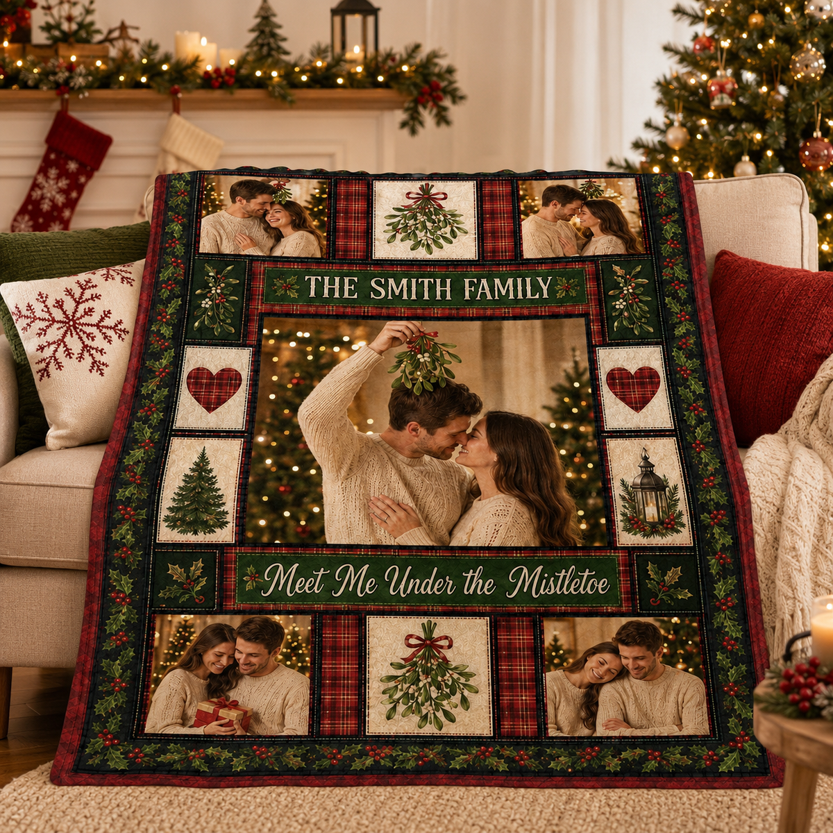 custom couple photo blanket draped over a chair near a christmas tree