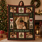 woman smiling while holding a personalized meet me under the mistletoe throw