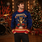 man wearing a blue cat ugly christmas sweater with drum kit design