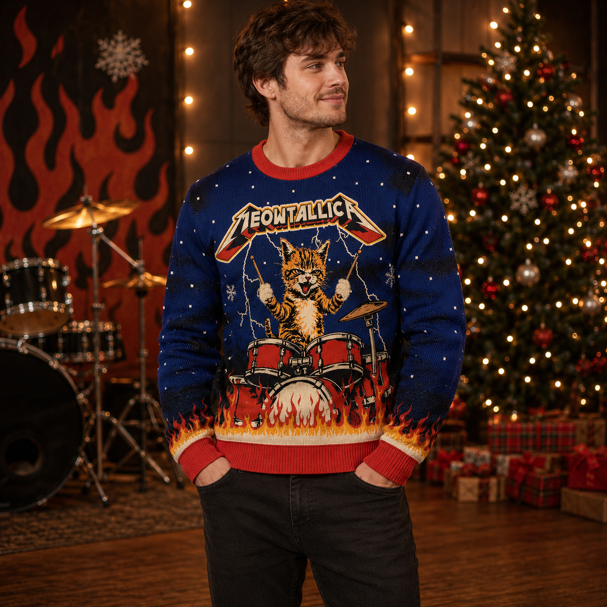 man wearing a blue cat ugly christmas sweater with drum kit design