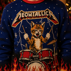 close up of MEOWTALLICA cat drummer knit pattern on blue christmas sweater