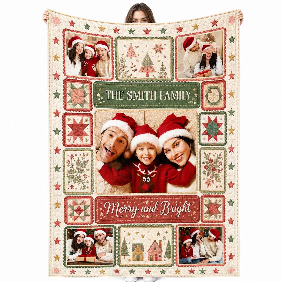 christmas photo blanket with family name banner and photo frame collage