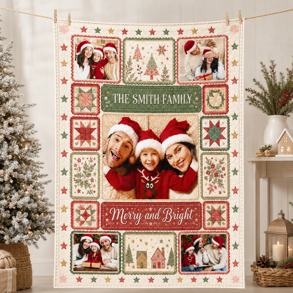 green and red christmas throw blanket shown hanging on a wall
