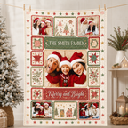 green and red christmas throw blanket shown hanging on a wall
