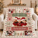 flannel fleece photo blanket draped over a white armchair by the tree