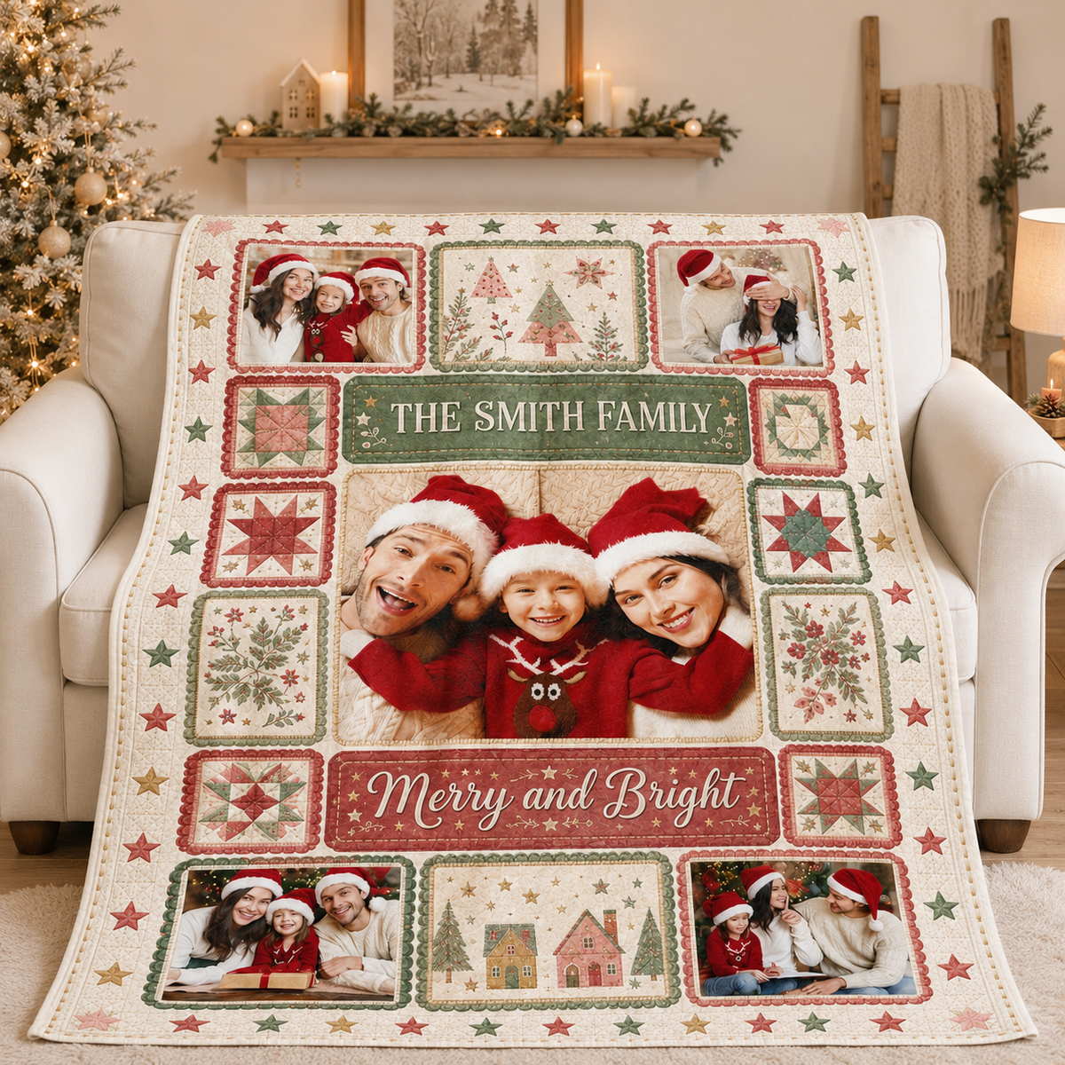 flannel fleece photo blanket draped over a white armchair by the tree