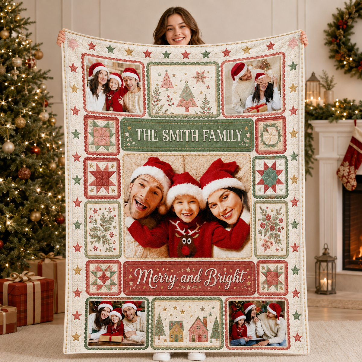 personalized christmas photo collage blanket held up against a decorated room